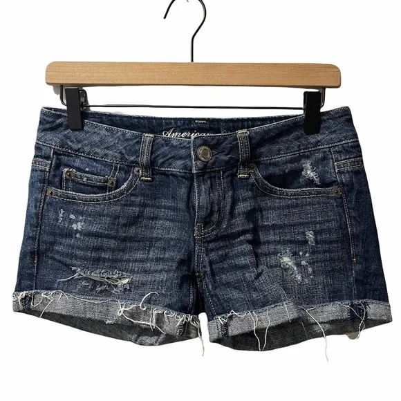 American Eagle Distressed Frayed Summer Denim Jean Shorts Size 0 - Picture 1 of 7
